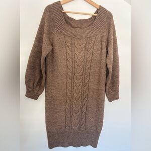 Pink Rose Cable-Knit Scoop Neck Sweater Dress - Taupe Brown
